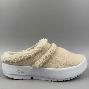 Oofos Oocoozie Women Size 6.5 Beige Sherpa Comfort Recovery Slip On Shoes NEW